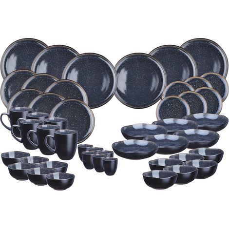 Service de Vaisselle Complet 42 Pièces pour 6 Personnes – Grès Émaillé Réactif Bleu Nuit, Assiettes Bols Mugs et Tasses, Service de Table Design Élégant (1/5)