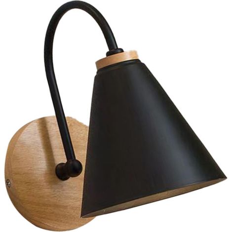 [Wandleuchte] Wandleuchte aus Eisen und Holz mit Metallschirm und Massivholzfuß für Wohnzimmer, Schlafzimmer, Büro, Schwarz - E27 (1/5)