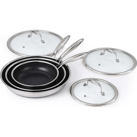 Lot 3 poêles triple couche antiadhésives induction avec couvercles verre poignées froides (1/5)