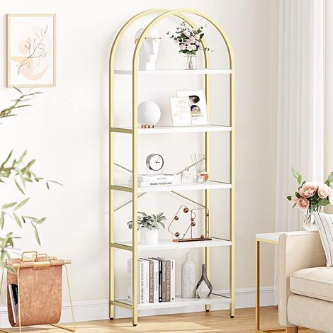 Étagère de rangement à 5 étagères - Bibliothèque - En verre trempé - Bibliothèque - Avec dessus arqué - Cadre en acier robuste - Pour salon, chambre, bureau - 180x60x28CM (1/5)