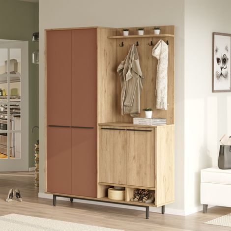 Garderobe Tignale, Kleiderhaken, 12 Fächer, Drehtür, 147x36x196h cm Terrakotta Braun (1/5)