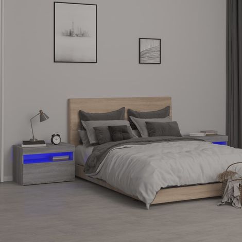 Nachttische 2 Stk. mit LED-Leuchten Grau Sonoma 60x35x40 cm