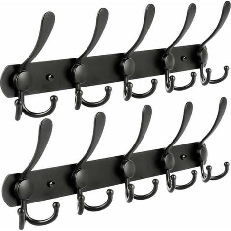 Lot de 2 porte-manteaux muraux noirs avec 5 crochets et cintres métalliques pour manteaux, chapeaux et sacs, pour couloir et chambre. (1/5)