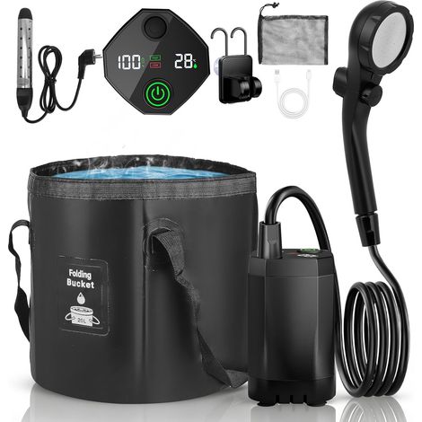 Douche Camping avec Barre Chauffage - Kit Pompe de Douche Électrique Rechargeable , Pression d'eau Réglable, Écran Numérique, Résistant - pour Camping, Jardin, Randonnée (1/5)