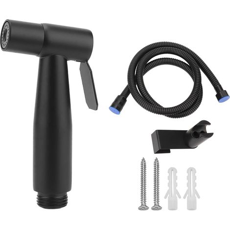 Pulvérisateur portatif sous pression en acier inoxydable 304 noir avec tuyau de 1,2 m et crochet mural pour bidet de toilette. Filetage mâle et femelle G1/2. (1/5)