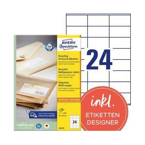 AVERY ZWECKFORM Universaletikett Avery Zweckform Recycling 70 x 36 mm (B x H) nicht wieder ablösbar 100 %Altpapier naturweiß 2.400 Etik./Pack. (1/4)