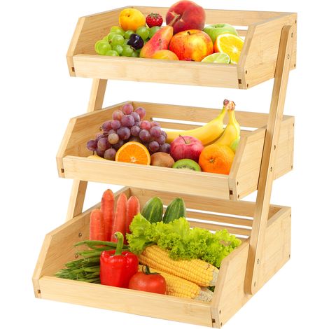Panier 3 Étages en Bambou Naturel avec Grille Ventilée - Rangement Fruits & Légumes Écologique (30x33x41cm), Design Multifonction pour Cuisine/Salon, Gain de Place & Hygiène (1/5)
