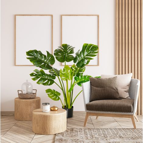Pianta artificiale Monstera 110 cm con vaso nero, 11 foglie, in plastica verde (1/5)