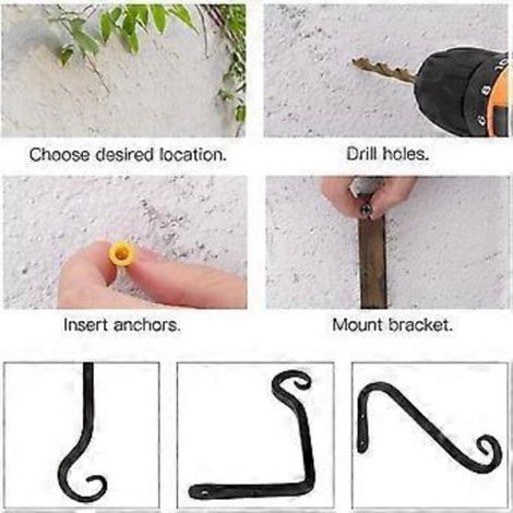 Lot de 2 crochets muraux noirs SZTXJ, supports de panier suspendu en fer forgé, support pour mangeoires à oiseaux/plantes/lanternes/carillons éoliens