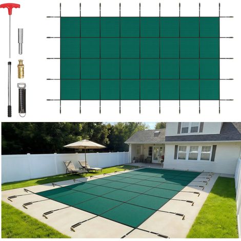 Couverture de sécurité pour piscines creusées 6,1 x 12,2 m maille verte couverture de sécurité taille 6,7 x 12,8 m avec outils d'installation pour piscine d'hiver, résister au soleil, au vent (1/5)