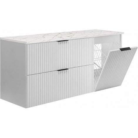 Meuble de salle de bain suspendu 120 cm avec panier à linge, 2 tiroirs, 1 porte, Blanc / Marbre, poignées noires, 120 x 46 x 58,6 cm (1/5)