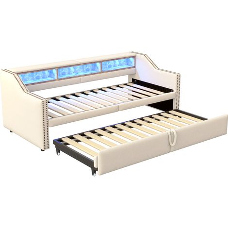 Cama nido extensible 90/180 x 200 cm beige con almacenaje, LED, USB y somier de láminas (1/5)