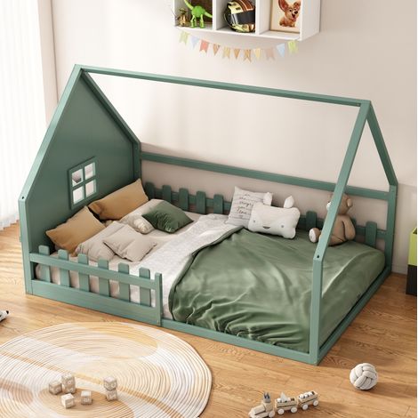 Lit enfant cabane 140 200 pin et MDF vert HAVRYA (1/5)