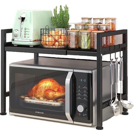 Étagères de Four à Micro-Ondes, Support Extensible, Organisateur Rangement Cuisine avec 6 Crochets (2 Niveaux, Noir) (1/5)