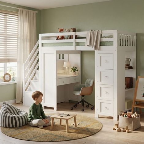 Multifunktionales Hochbett mit Schreibtisch und Stauraum 90x200 cm Weiß - Platzsparendes Kinderbett aus Holz mit Treppe und Schubladen (1/5)