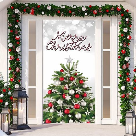 Décorations de Noël avec cloches, nœuds, flocons de neige, Père Noël, banderole « Joyeux Noël » - 90 x 180 cm (perforée + ruban) - 25