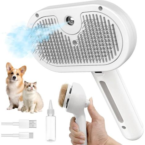 Brosse autonettoyante 3 en 1 pour animaux - Antistatique. Outil de toilettage pour animaux à poils longs et courts. Blanche