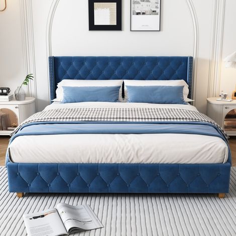 Lit double-à tête de lit et sommier lattes-velours bleu clouté à boutons-pieds bois-169x205x108cm-Sans Matelas (1/5)