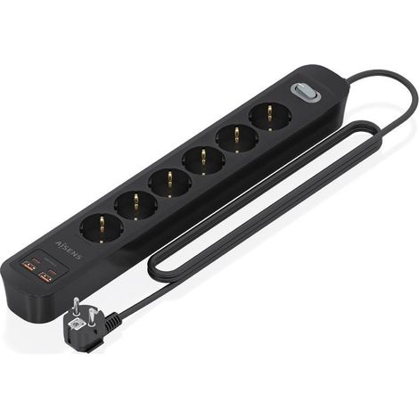 AISENS - ASPS-2A2C17-BK - REGLETA DE ENCHUFES MULTIFUNCION con 6 Tomas + Cargador PD3.0 20W 2xUSB-C, 2xUSB-A, 1.4M, Negro