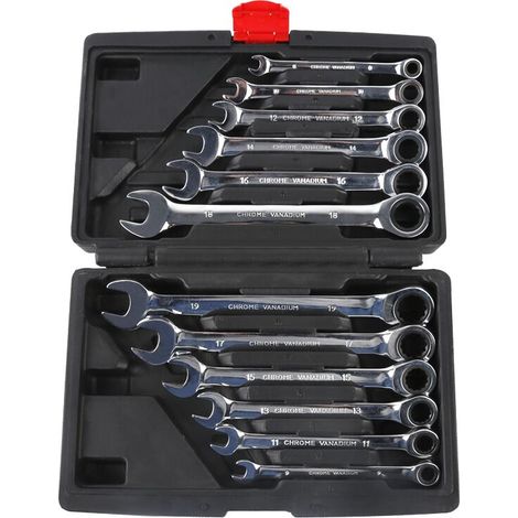 Lot de 12 Clé Plate à Cliquet, Jeu de Clés Plates Mixtes, Clés Mixtes Cliquet avec Boîte à Outils 8-19 mm, Forgées En Acier Chromé - pour Réparation Automobile / Travaux de Bricolage
