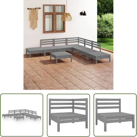 The Living Store 8-tlg. Garten-Lounge-Set Massivholz Kiefer Grau - Outdoor Lounge Set - Gartenmöbel - Rattan Möbel - Holz Gartenmöbel - Kiefernholz (1/5)