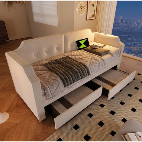 Letto singolo 90x200 cm beige in velluto con cassetti, lampada da lettura e ricarica USB-C (1/5)