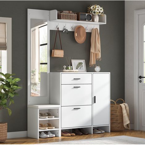Mueble de entrada multifuncional de 140x30x200 cm con banco, espejo, perchas y espacio para guardar zapatos, MDF blanco. (1/5)