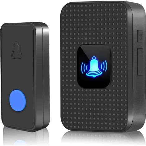 Kabellose Mini-Türklingel, IP55 wasserdicht, elektronisches Gongset für den Außenbereich mit 150 m Reichweite, 38 Melodien in 5 Lautstärkestufen, blaue LED für Zuhause, Büro, Hotel, Notfälle, Schwarz
