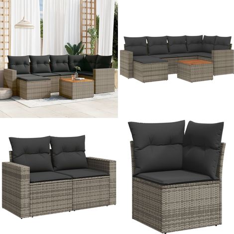 7-tlg. Garten-Sofagarnitur mit Kissen Grau Poly Rattan - Gartenmöbel - Outdoor Möbel - Rattan Gartenmöbel - PE-Rattan - Esstisch Set - Home & Living (1/5)