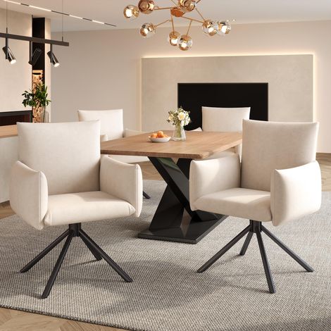 Ensemble de 4 chaises de salle à manger, fauteuil rembourré avec 4 pieds en métal, chaise pivotante à 360°, chaise de salon/chambre, chaise de bureau, soutien lombaire, velours, beige (1/5)