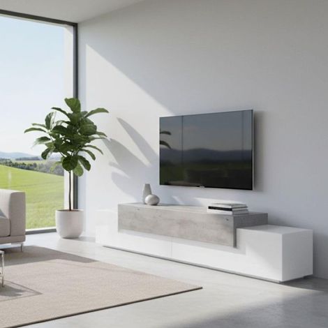 Meuble TV Nico, Buffet bas de salon, Base pour meuble TV, 240x45h52 cm, Blanc brillant et béton (1/5)