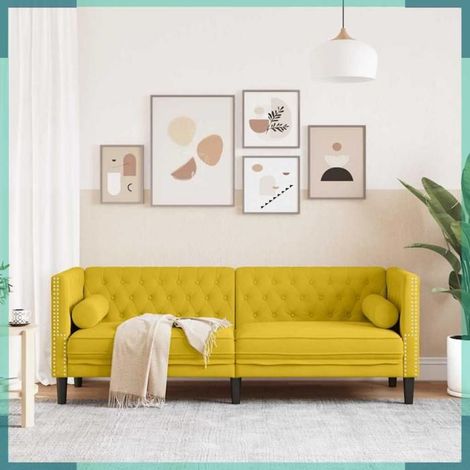 Canapé Chesterfield - 372699 - 3 places - Jaune velours - Avec traversins (1/5)