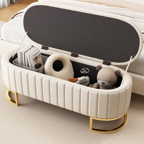 Pour un intérieur ordonné, banquette coffre facile à monter, velours beige avec pieds en métal (1/5)