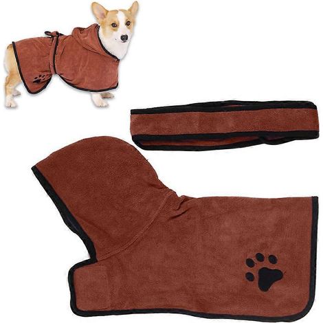 Serviette de bain pour chien, serviette de bain en microfibre ultra-absorbante et à séchage rapide avec capuche ajustable, serviette de bain pour chat et chien - Marron - S (1/5)