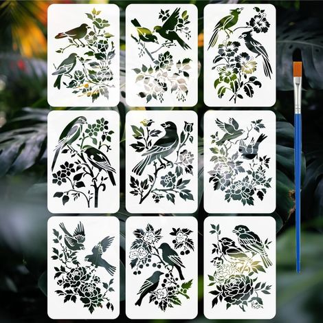 9 Pièces Pochoirs de Fleur Oiseau avec un Pinceau 21x29,7cm Pochoir de Peinture d'Oiseau sur Branche Gabarits de Dessin de Feuille et Fleur de Pivoine pour Décoration Murale Sol Maison (1/5)