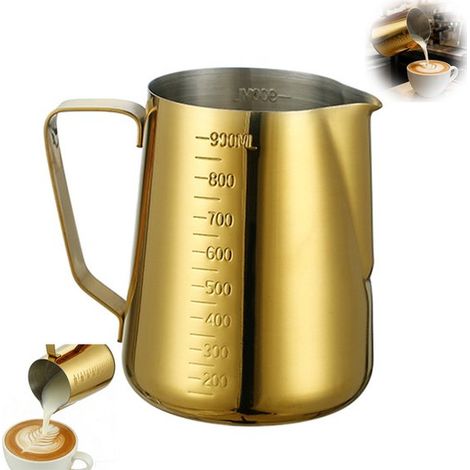 Pot à lait en acier inoxydable - Mousseur à lait pour café - Mug pour latte art - Pot à lait pour cappuccino - Mousseur à lait pour latte art - Couleur dorée - Double graduation (intérieur et extérieu (1/5)