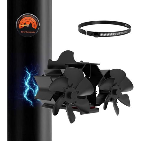 Ventilatore magnetico per stufa a legna MERTTURM con 12 pale, camino e riscaldatore e ventilatore a tubo, non richiede elettricità, silenzioso/sicuro/doppi motori, termometro incluso (1/5)