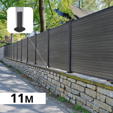 Kit Clôture Composite sur Muret SANTOS Ardoise 11x1,2m - Bois composite & Aluminium - Poteaux sur Platines Gris - Brise vue