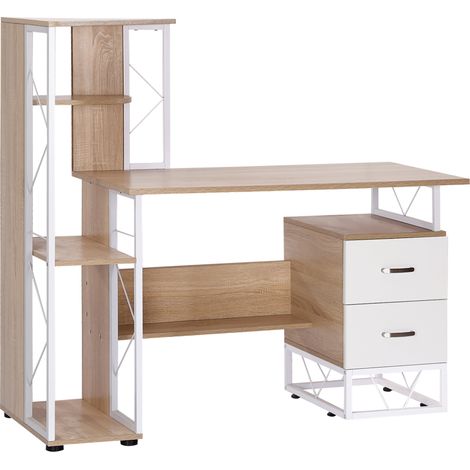 HOMCOM Computer PC Laptop Desk Table Shelf 2 Drawers Bookstore workstation Oak & white