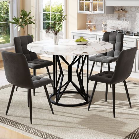 Ensemble table et chaises avec 4 chaises en velours gris, plateau en MDF blanc (1/5)