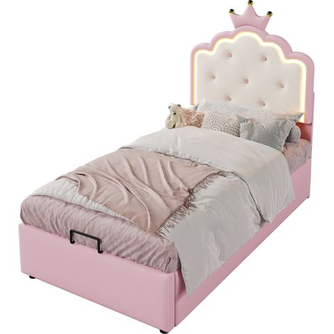 Lit enfant 90 x 200 cm avec sommier, LED d’ambiance télécommandée, rangement hydraulique et style princesse, sans matelas, rose - CHICFURN (1/5)