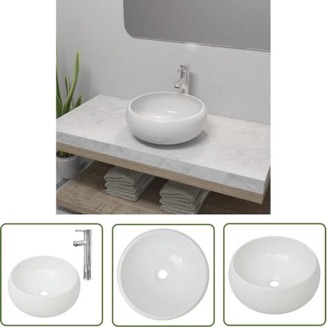 INLIFE Lavabo de salle de bain avec mitigeur Céramique Rond Blanc (1/5)