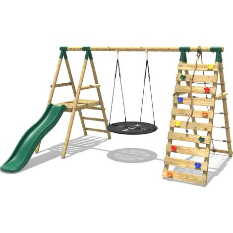 Wooden Swing Set with Nest Swing, Slide and Climbing Wall - Pyrite Green