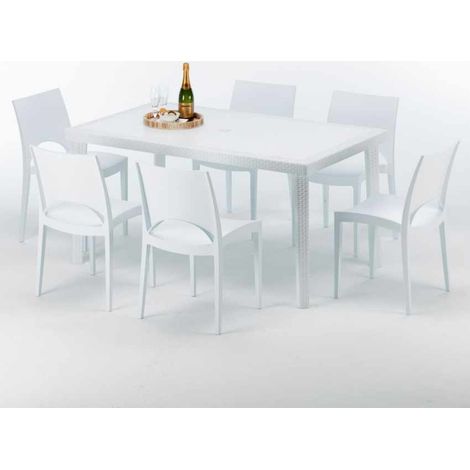Tavolo Rettangolare Bianco 150x90 cm con 6 Sedie Colorate Paris Summerlife - Bianco