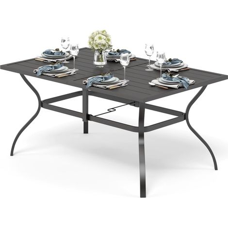 PHIVILLA Gartentisch for 6 Person Stahl Rostfreier Rahmen 152×95cm Gartentisch mit Schirmloch Wetterfest Metall Terrassentisch Freien Esstisch Schwarz