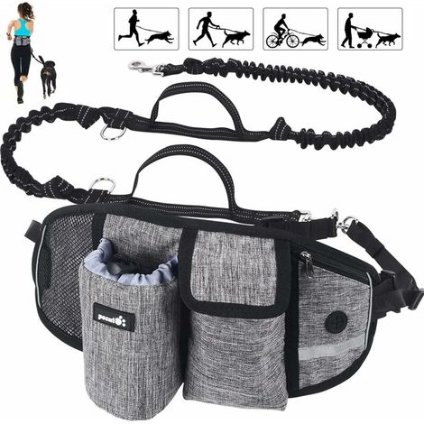Hands-Free Dog Running Leash with Wide Back Support Waist Bag, Adjustable Dog Walking Belt with Multiple Pockets and Poop Bag Holder, Reflective Jogging Leash (1/5)