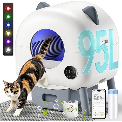 Litière chat autonettoyante XXL 95L, litière automatique anti-fuites/pincement/odeur, contrôle APP, bac litiere pour chat capacité 95L pour plusieurs chats, faible bruit
