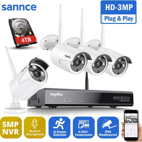 SANNCE WiFi Kit de Vidéosurveillance 8 Canaux Caméra IP 3MP Wifi IP66 Enregistrement Audio étanche Système de Surveillance Sécurité Domicile Extérieur 4 × Caméras - Disque dur 4 To (1/5)