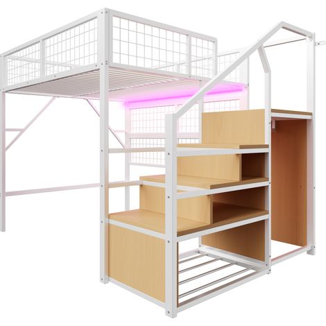 Litera alta metálica blanca 140 x 200 cm con LED, escalera con almacenaje y perchero (1/5)