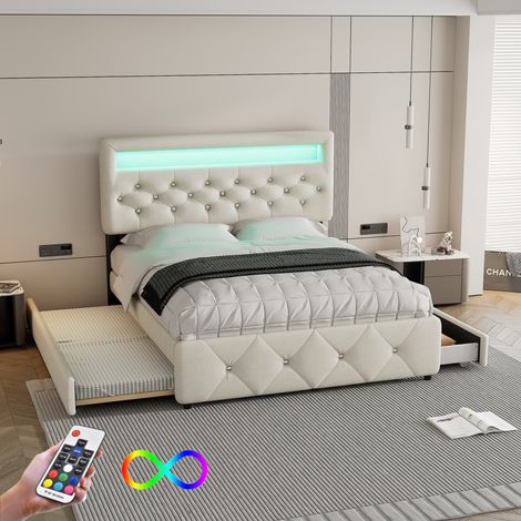Lit capitonné 140200cm (90190cm), lit double, lit plateforme, lit capitonné avec lit gigogne et 2 tiroirs, table de chevet avec barre lumineuse, beige REDOM (1/5)